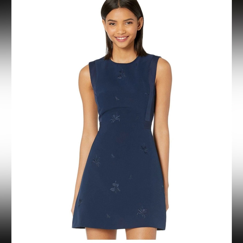 TED BAKER Saahrad navy floral Dragonfly embroidered fit&flare dress work 4